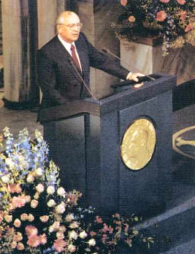 Mikhail Gorbachev delivering his Nobel speech. 1991